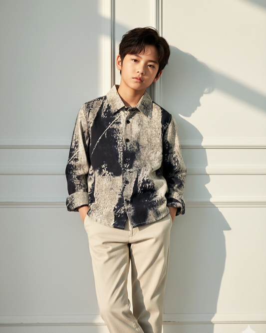 Distressed striking black and sand-colored shirt