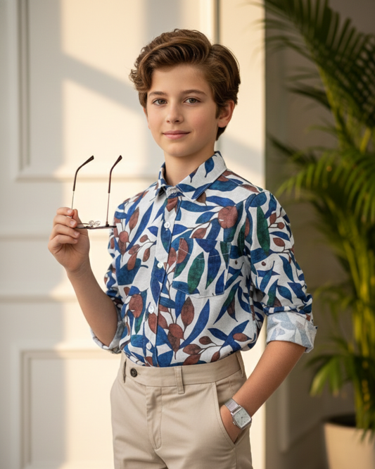 Tropical Leaf Print Long-Sleeve Shirt