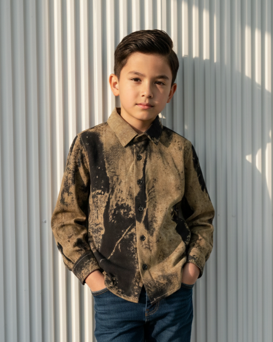 Distressed striking black and sand-colored shirt