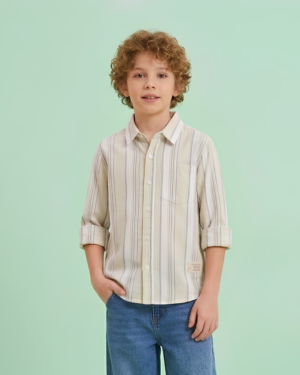 Pale Yellow & Grey Vertical Striped Shirt for Boys