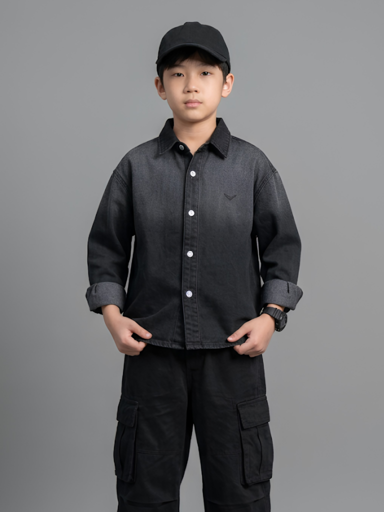 Boys' Acid-Wash Black Denim Long-Sleeve Shirt